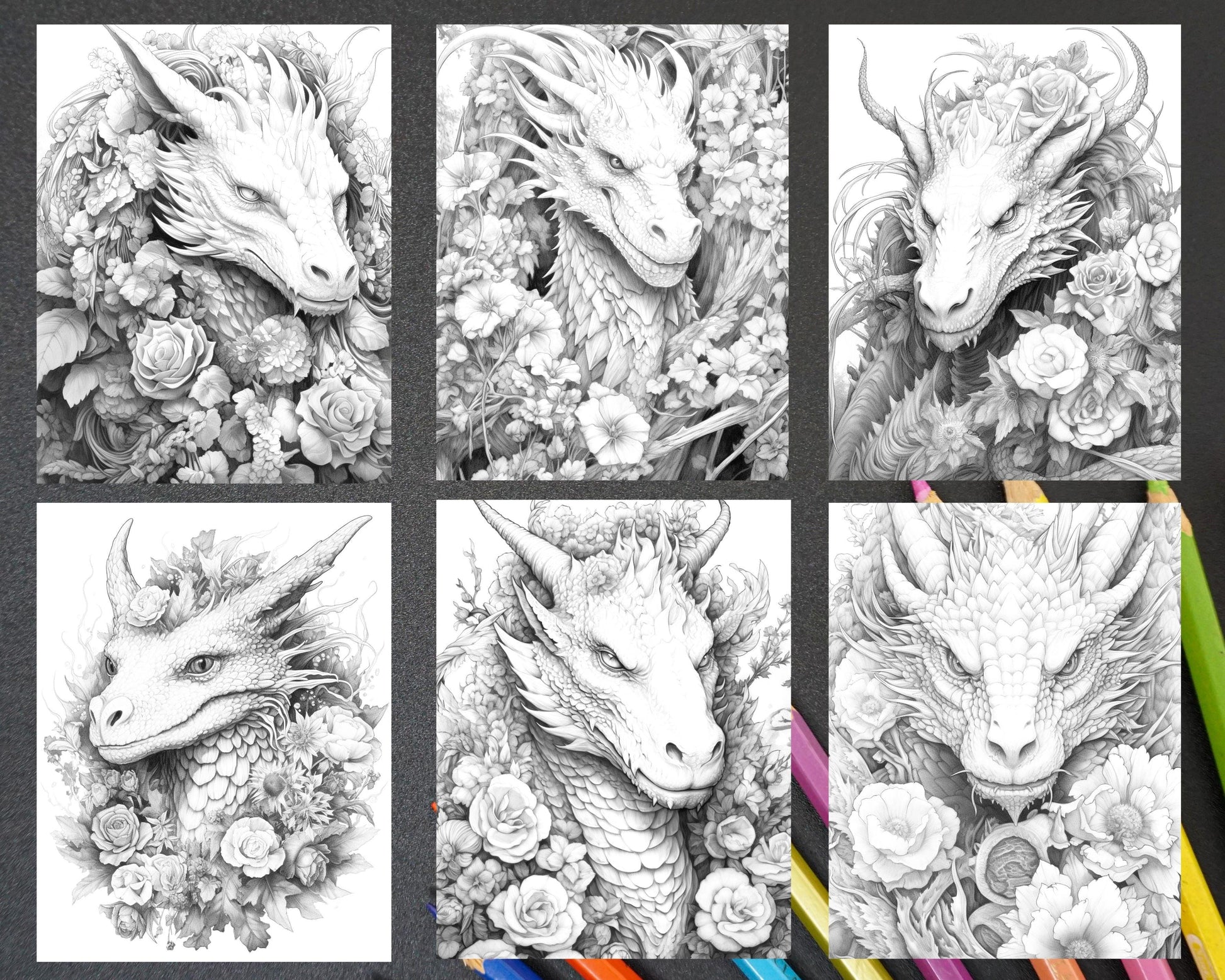 40 Flower Dragon Grayscale Coloring Pages Printable for Adults, PDF File Instant Download