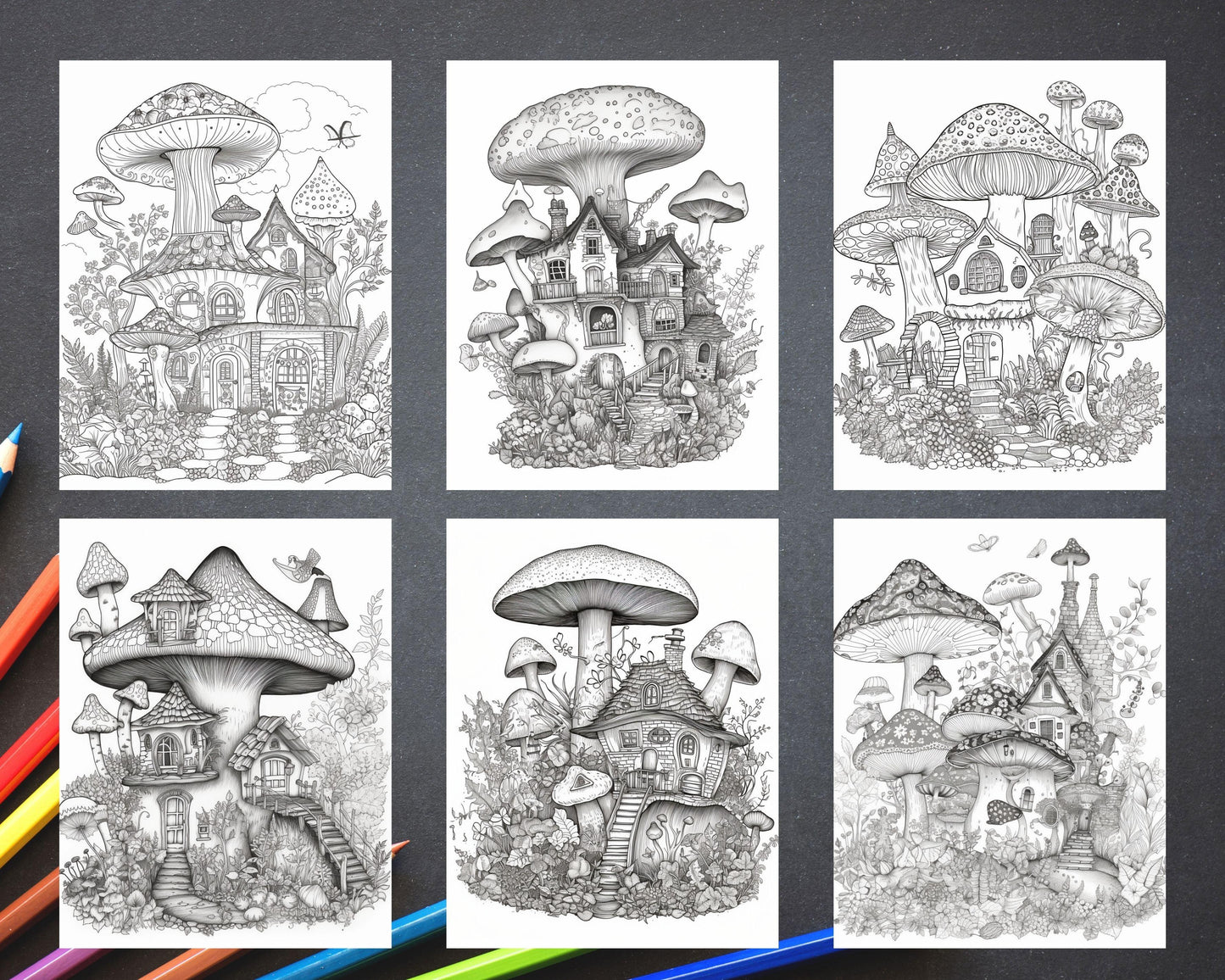 32 Whimsical Mushroom House Coloring Pages for Adults, Grayscale Coloring Book, Printable PDF File Download