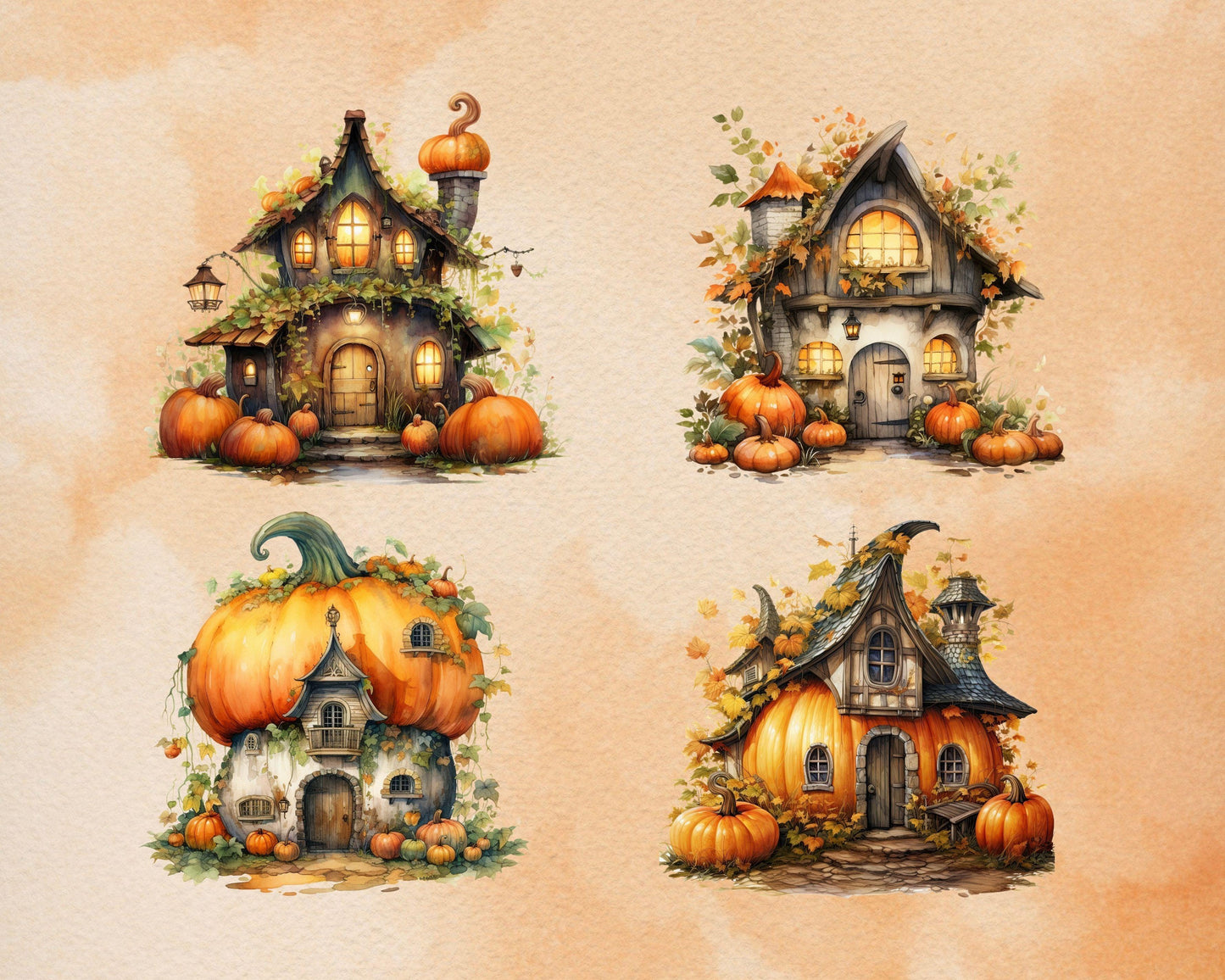 44 PNG Watercolor Pumpkin Fairy House Clipart, Autumn Halloween Illustrations