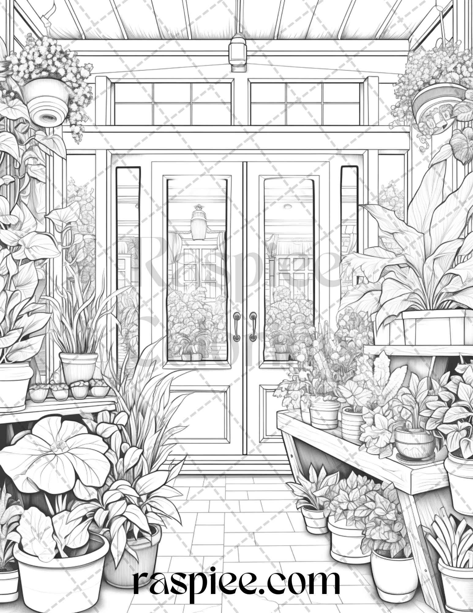 45 Flower Store Front Grayscale Coloring Pages Printable for Adults, PDF File Instant Download