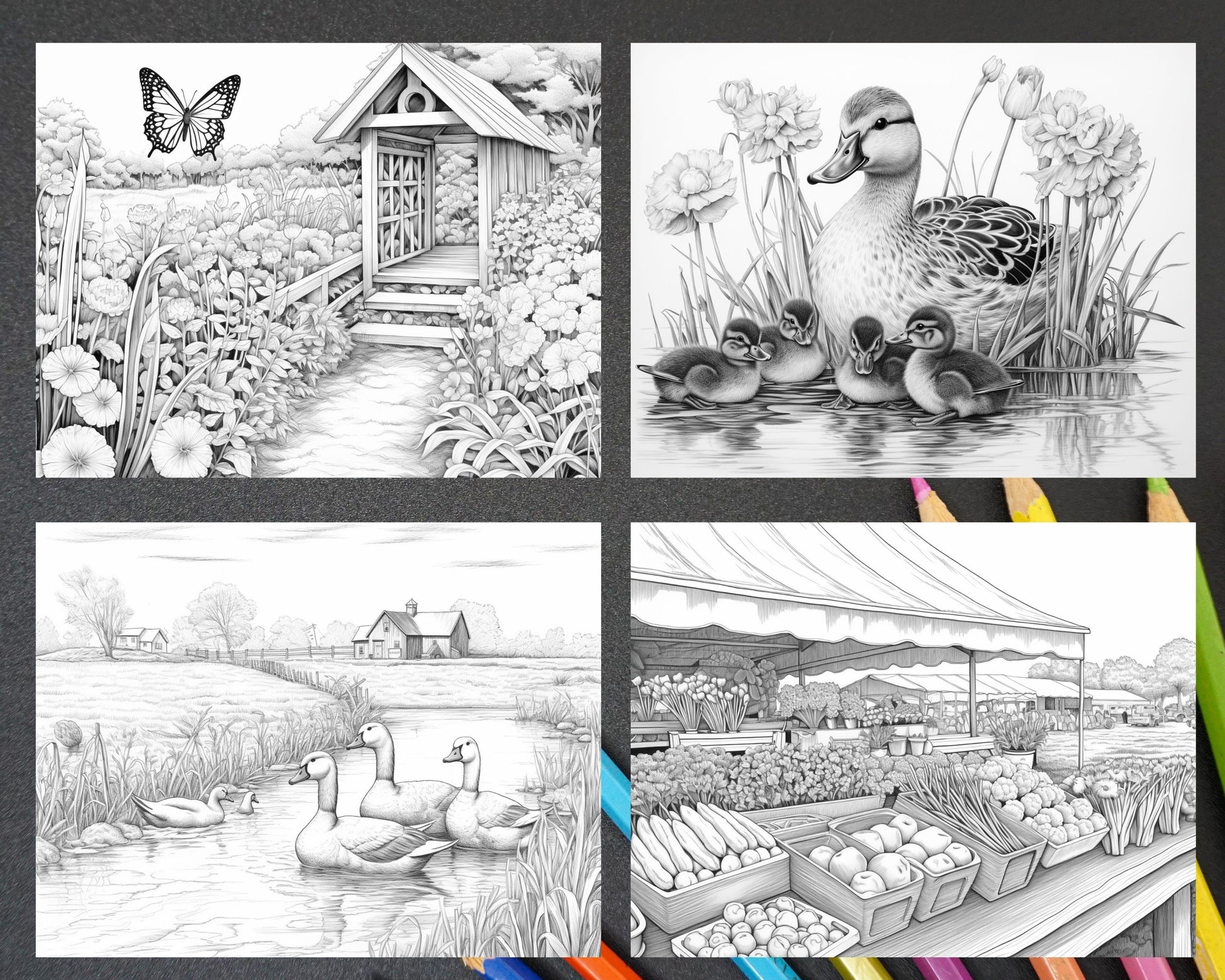 40 Spring Farm Life Grayscale Adult Coloring Pages, Printable PDF Instant Download