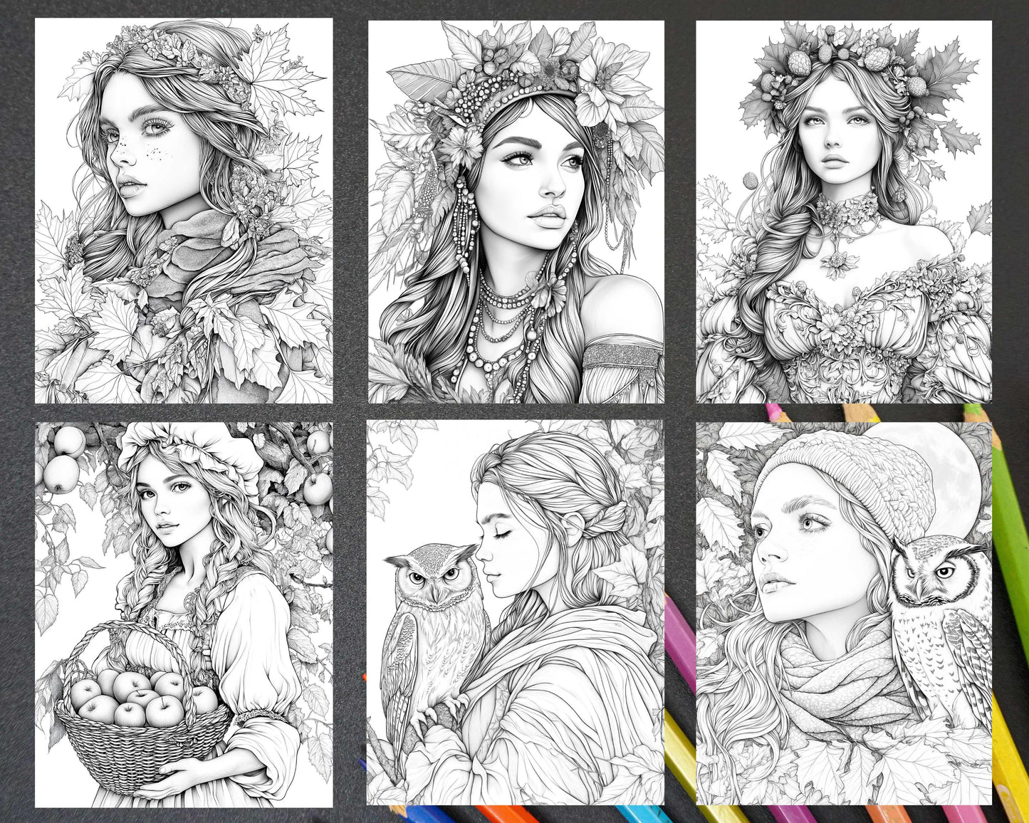 Autumn Beauties Portrait Adult Coloring Pages Printable PDF Instant Download