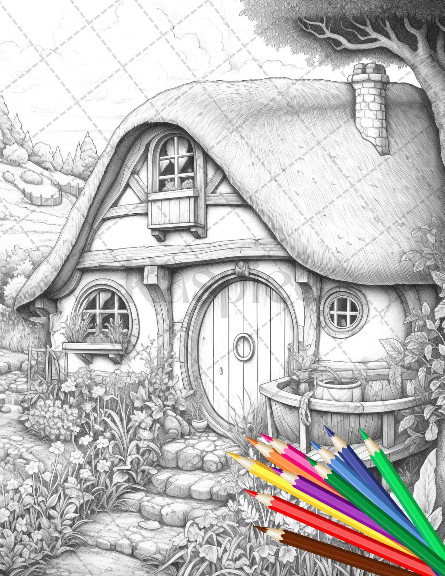 43 Enchanted Hobbiton Houses Grayscale Coloring Pages Printable for Adults, PDF File Instant Download