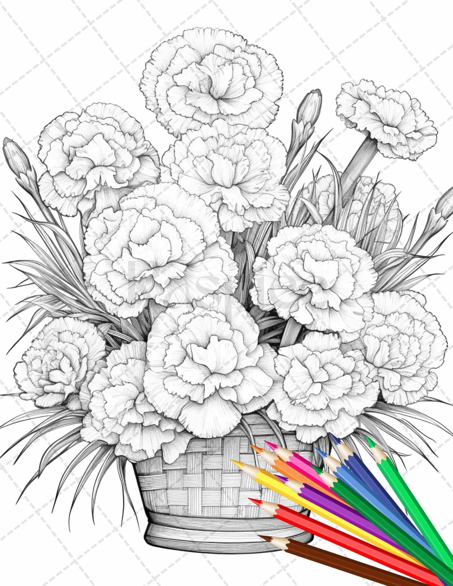 30 Flower Baskets Grayscale Coloring Pages for Adults, PDF File Instant Download