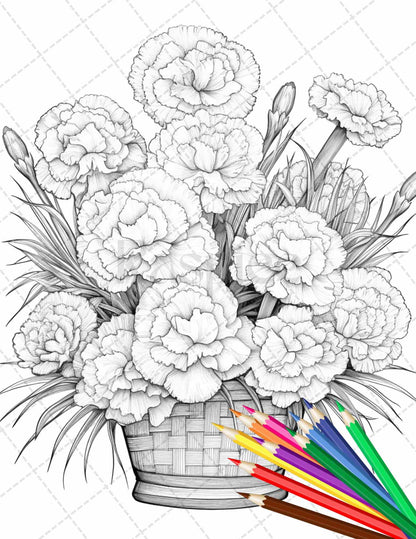 30 Flower Baskets Grayscale Coloring Pages for Adults, PDF File Instant Download