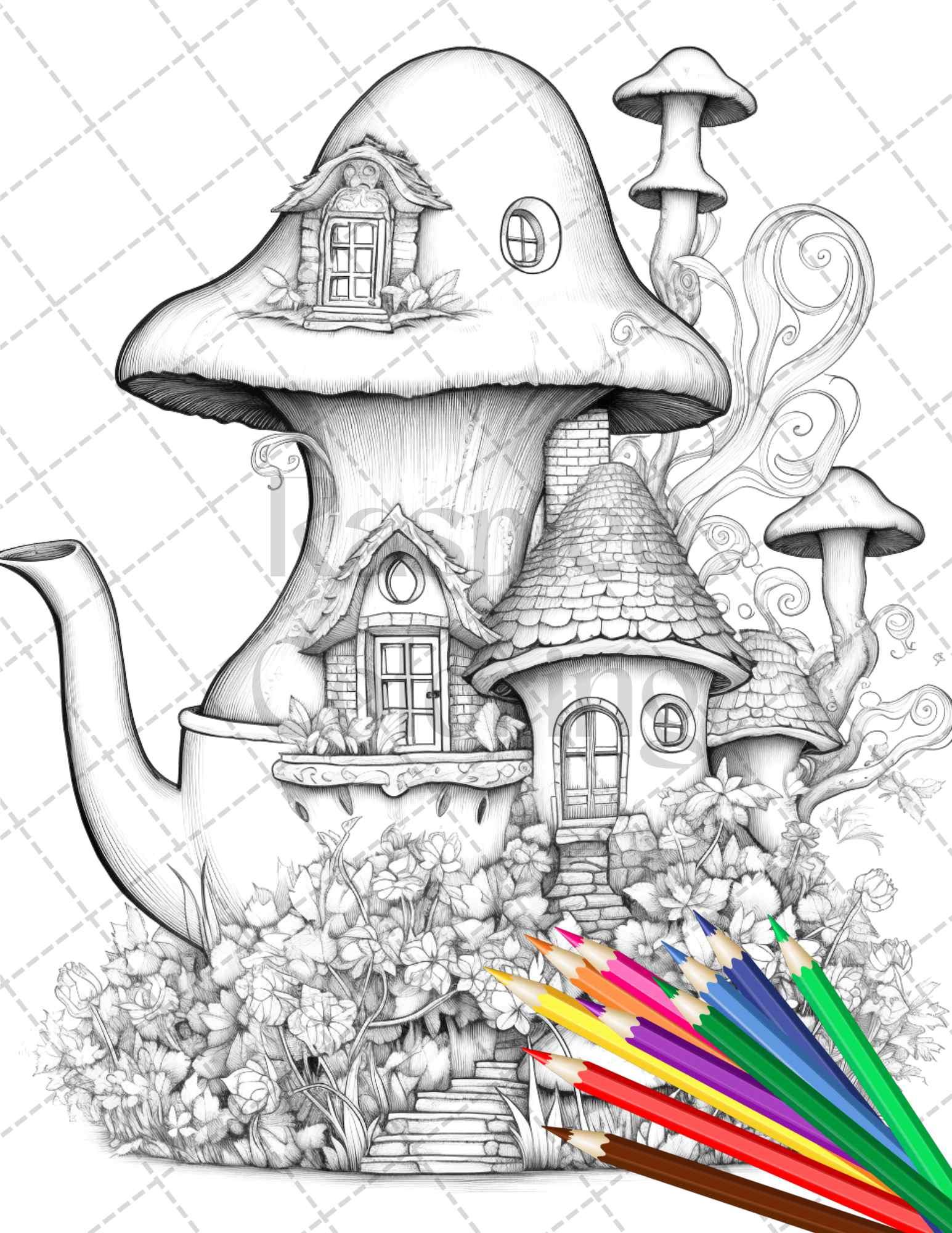 40 Teapot Fairy Houses Grayscale Coloring Pages Printable for Adults, PDF File Instant Download