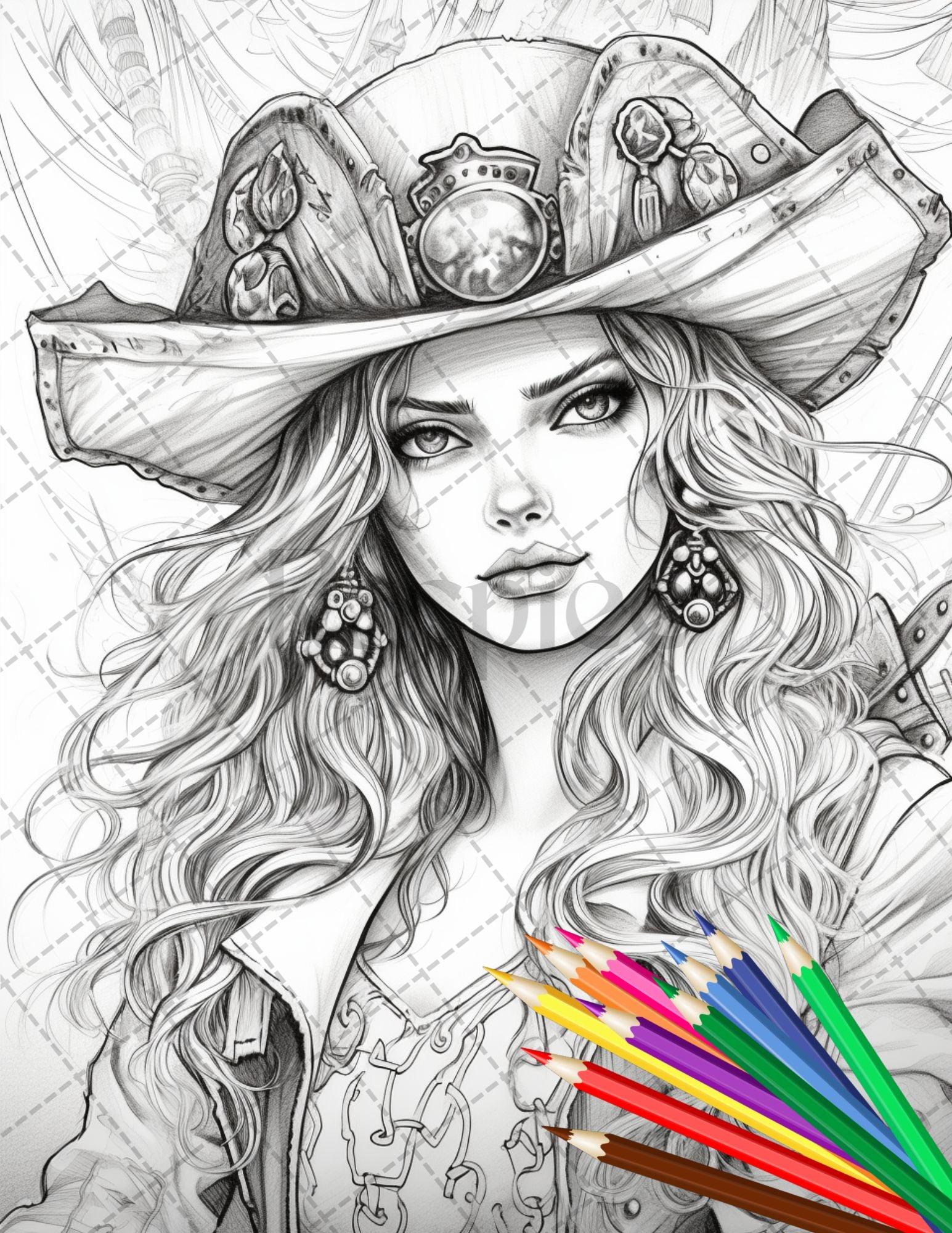 48 Beautiful Pirate Princess Coloring Book Printable for Adults, Grayscale Coloring Page, PDF File Instant Download