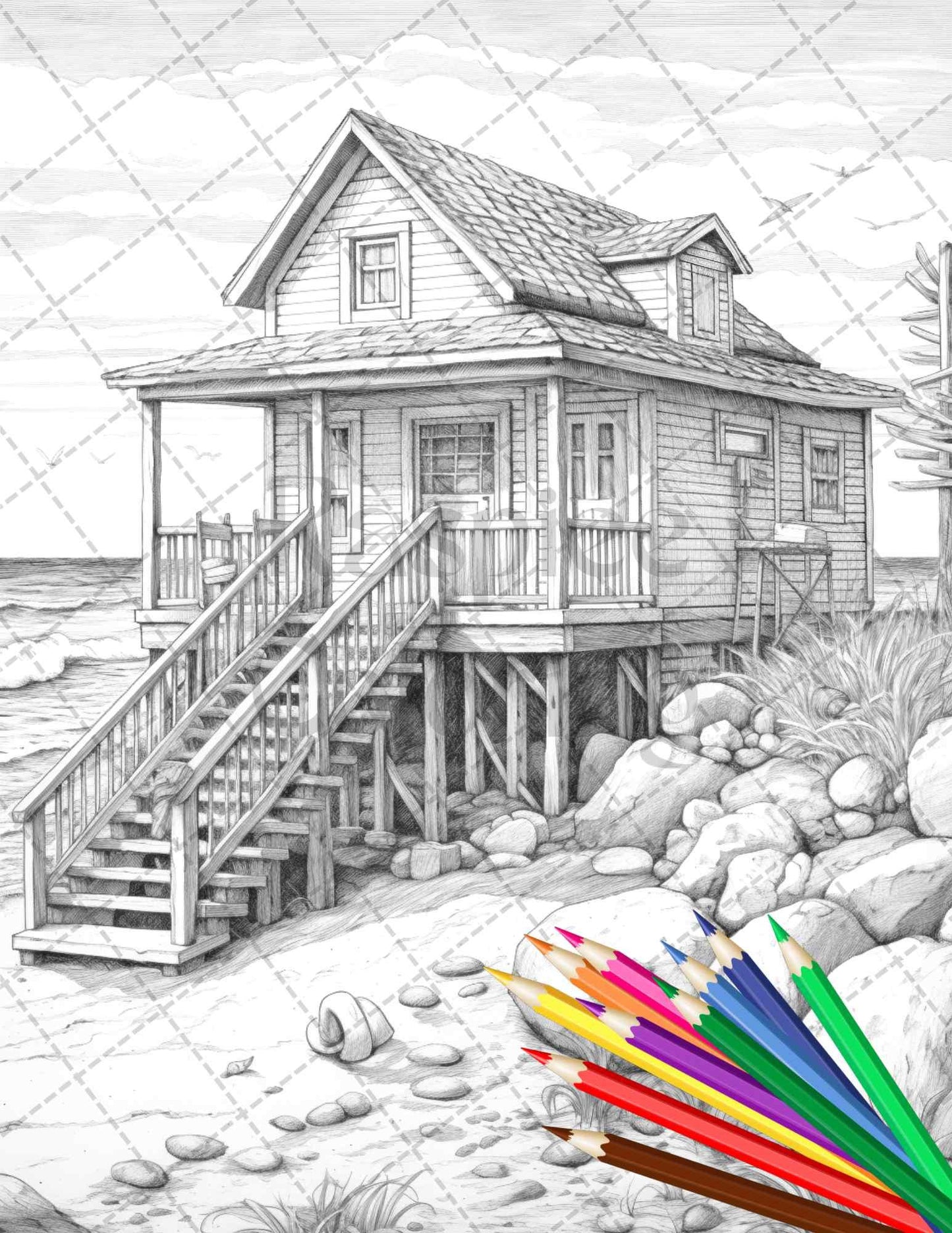 42 Wooden Beach Houses Grayscale Coloring Pages Printable for Adults, PDF File Instant Download