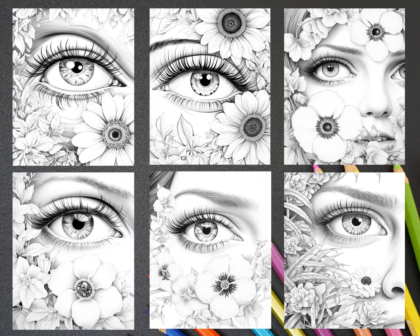 40 Charming Eyes Grayscale Coloring Pages Printable for Adults, PDF File Instant Download