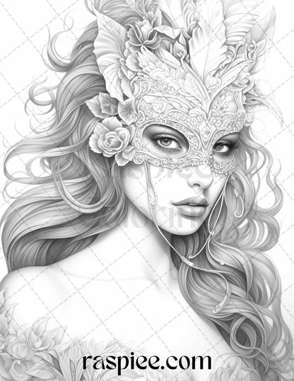 40 Masquerade Girls Grayscale Coloring Pages Printable for Adults, PDF File Instant Download