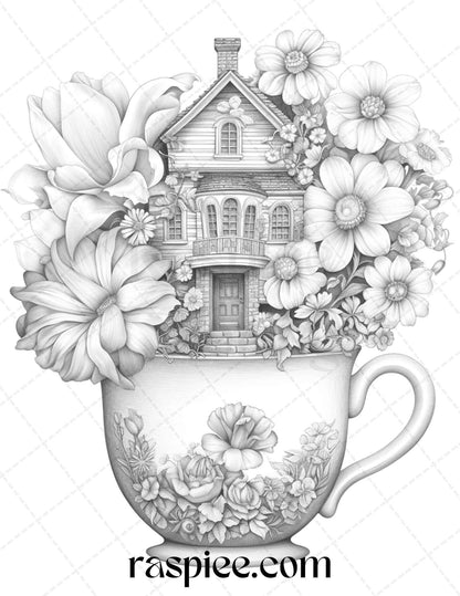 40 Flower Teacup Fairy Houses Grayscale Coloring Pages Printable for Adults, PDF File Instant Download