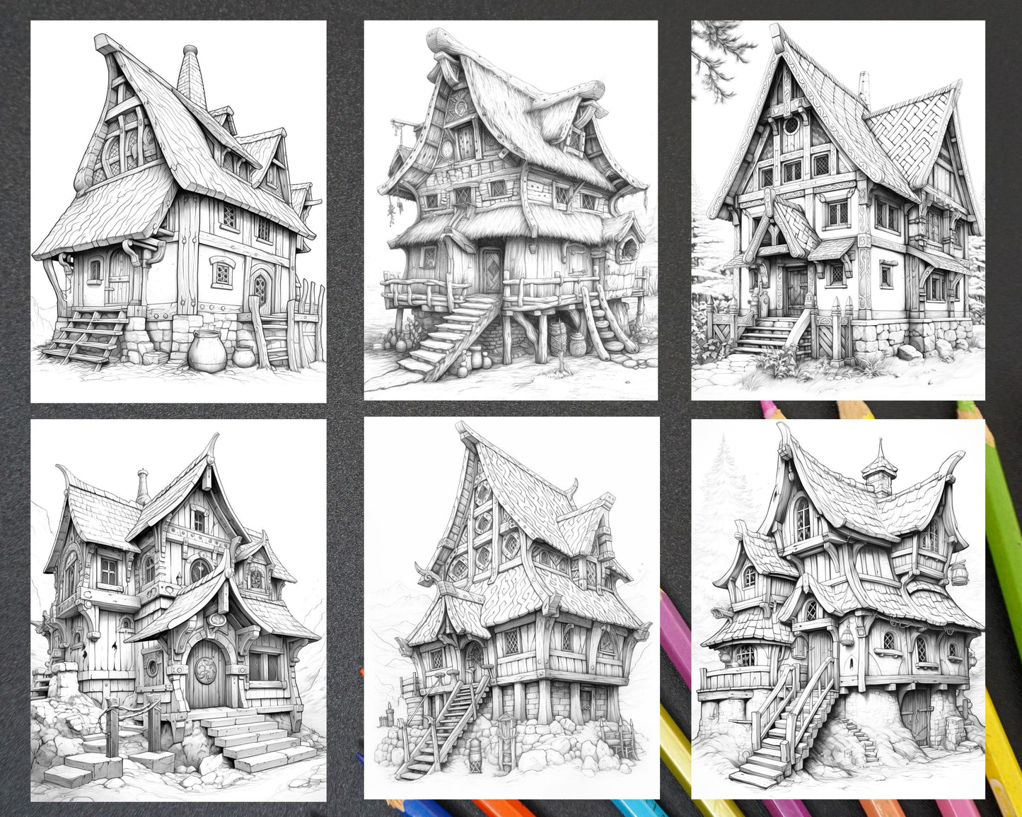 40 Viking Houses Grayscale Coloring Pages Printable for Adults, PDF File Instant Download