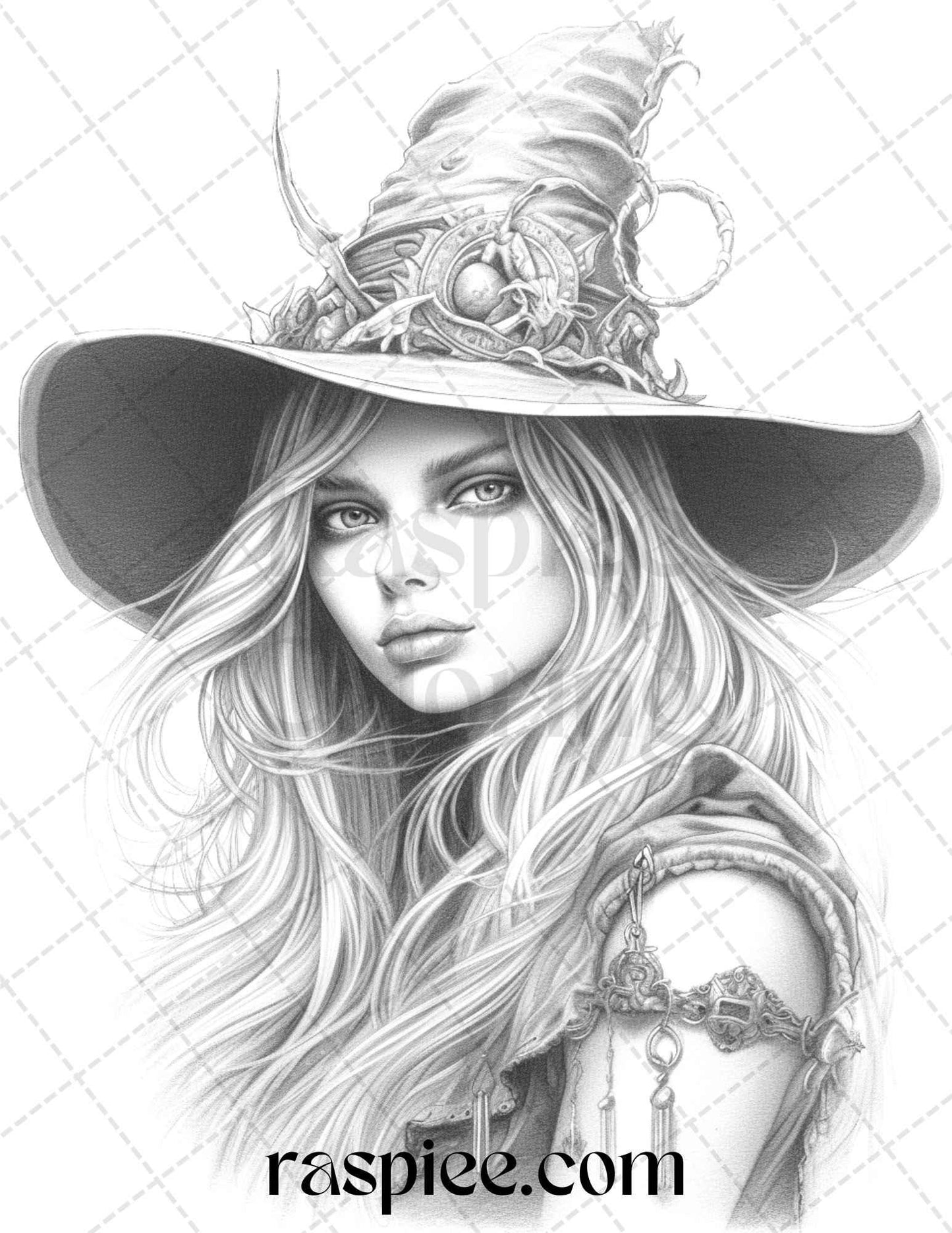 40 Beautiful Witches Grayscale Coloring Pages Printable for Adults, PDF File Instant Download