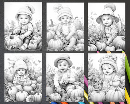 40 Pumpkin Babies Grayscale Coloring Pages for Adults and Kids, Printable PDF File Instant Download