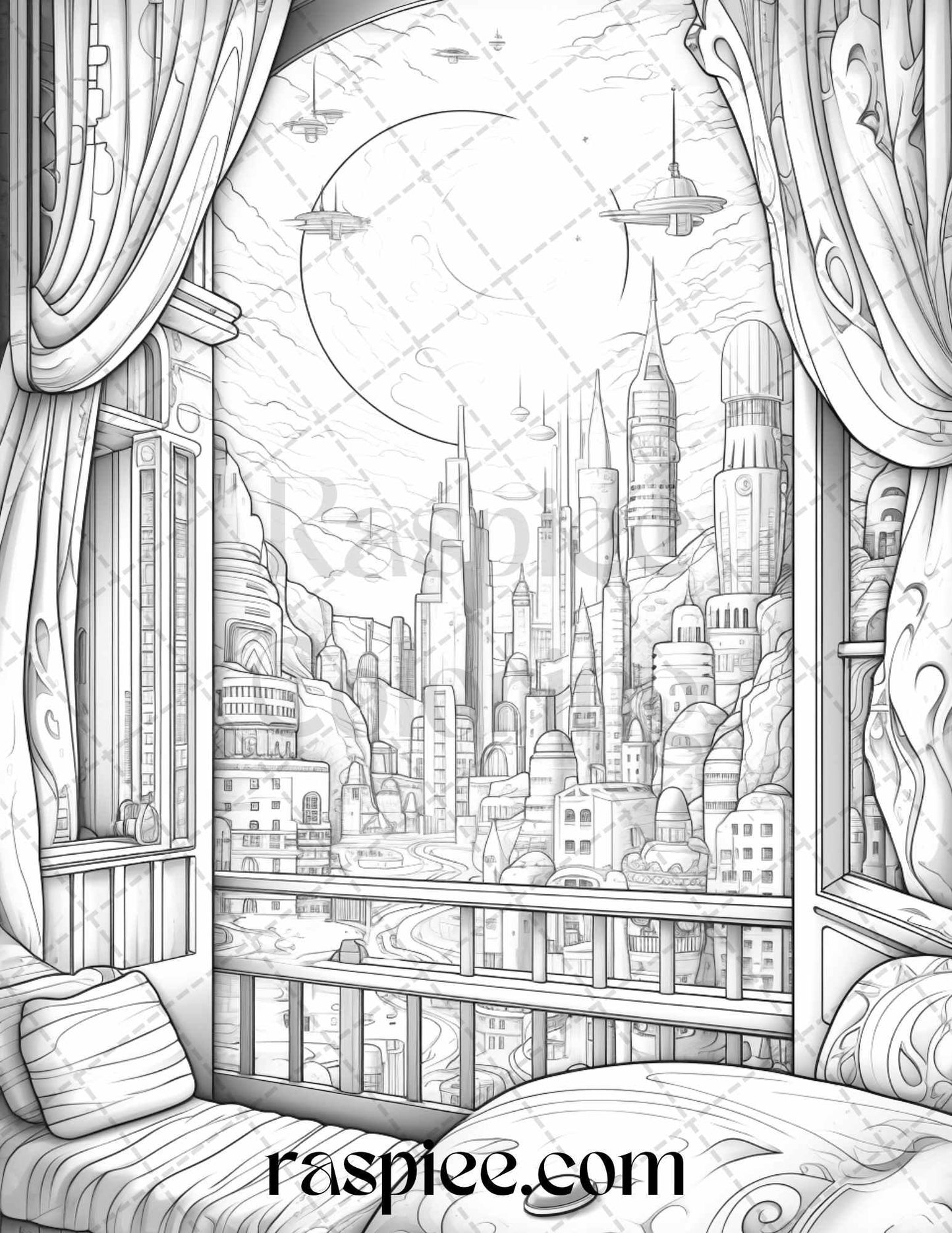 40 Window to Fantasy Worlds Grayscale Coloring Pages Printable for Adults, PDF File Instant Download