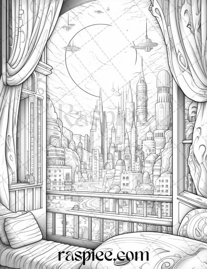 40 Window to Fantasy Worlds Grayscale Coloring Pages Printable for Adults, PDF File Instant Download