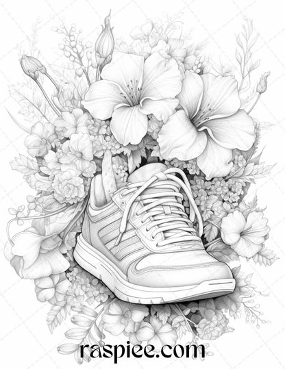 40 Flower Sneakers Grayscale Coloring Pages Printable for Adults, PDF File Instant Download