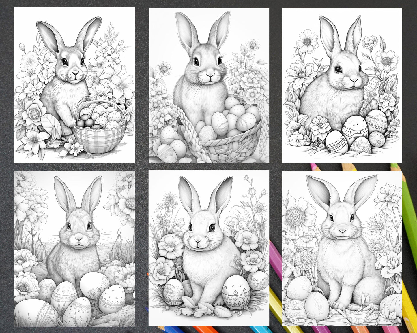 40 Easter Bunny Grayscale Adult Coloring Pages, Printable PDF Instant Download