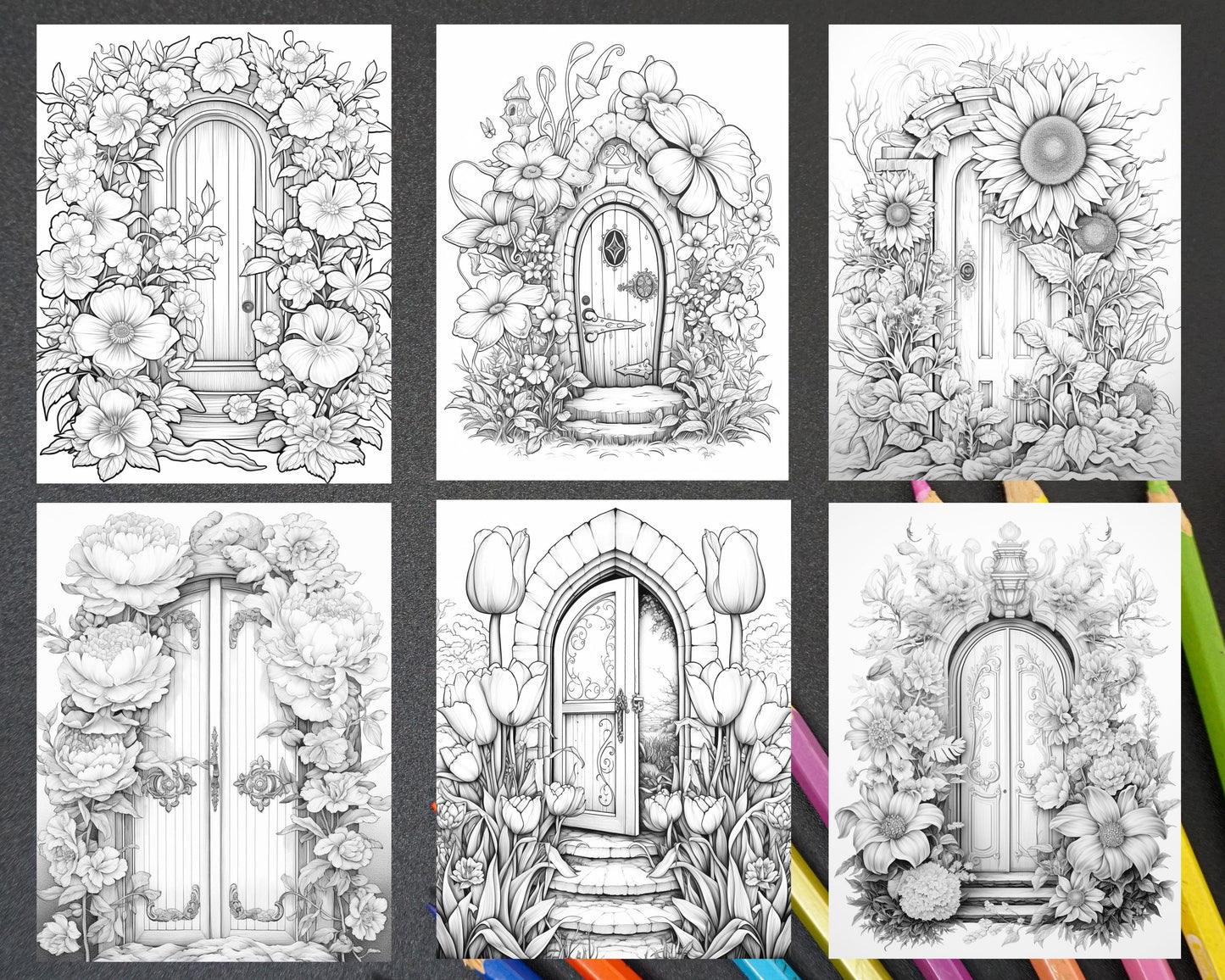 40 Flower Fairy Doors Grayscale Coloring Pages Printable for Adults, PDF File Instant Download