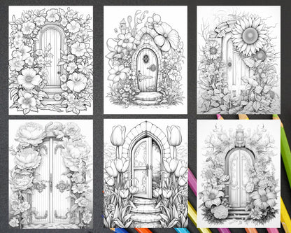 40 Flower Fairy Doors Grayscale Coloring Pages Printable for Adults, PDF File Instant Download