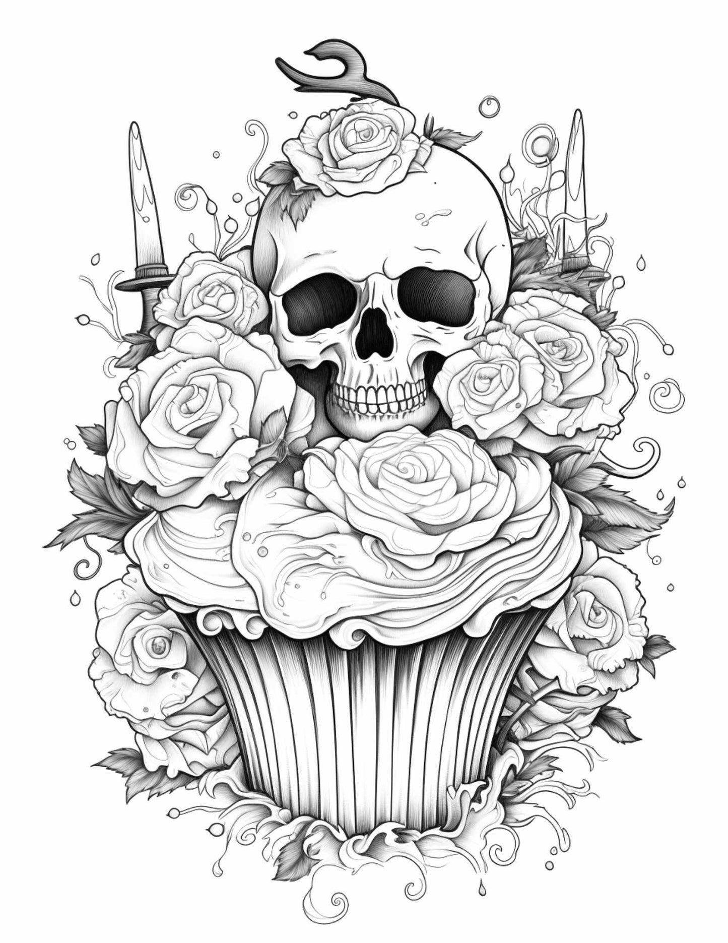 Free Halloween Spooky Cupcakes Grayscale Coloring Pages Printable for Adults Kids, PDF File Instant Download