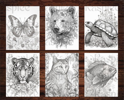 30 Animal Floral Printable Coloring Pages for Adults, Grayscale Coloring Book, Printable PDF File Download