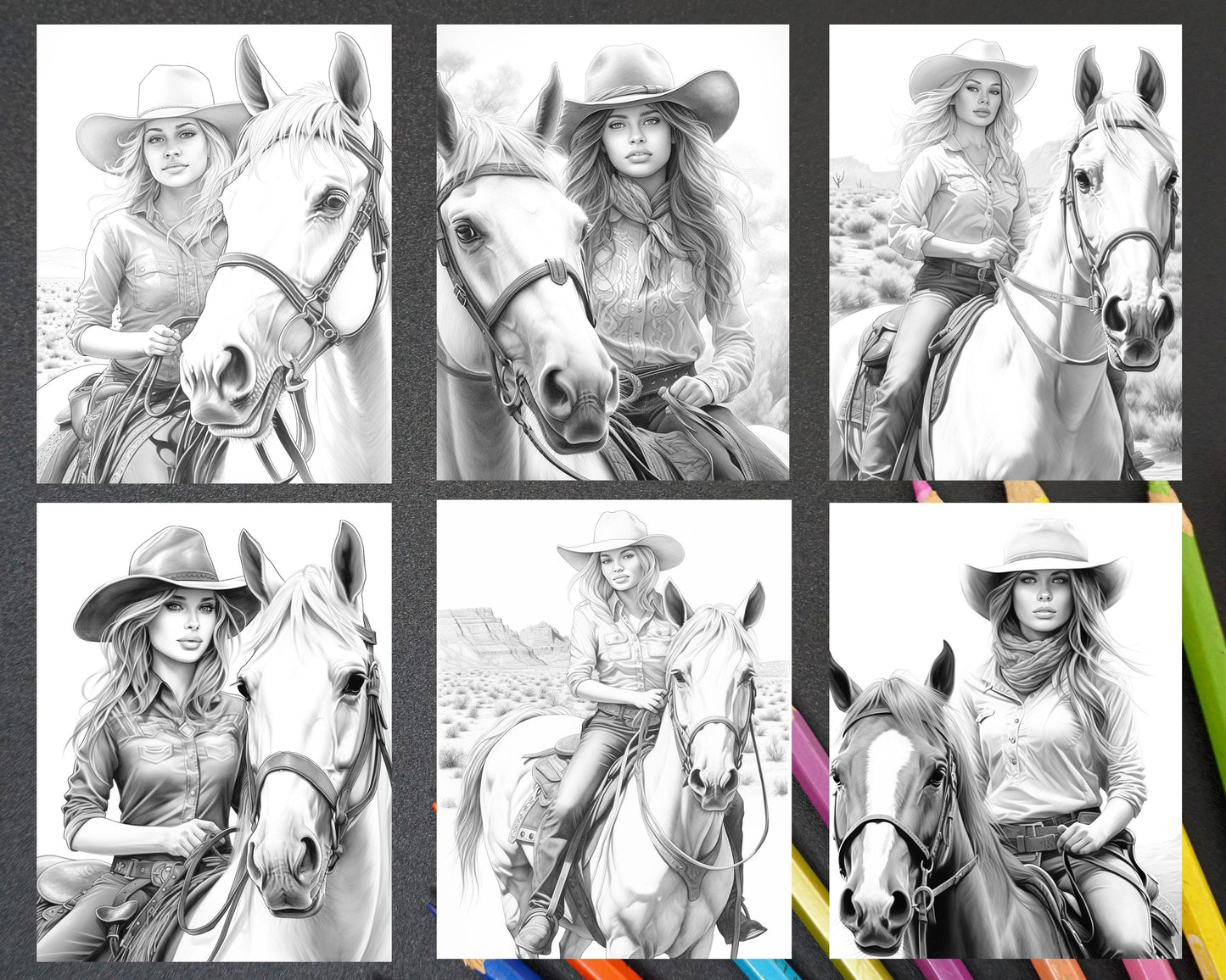 40 Beautiful Cowgirls Grayscale Coloring Pages Printable for Adults, PDF File Instant Download