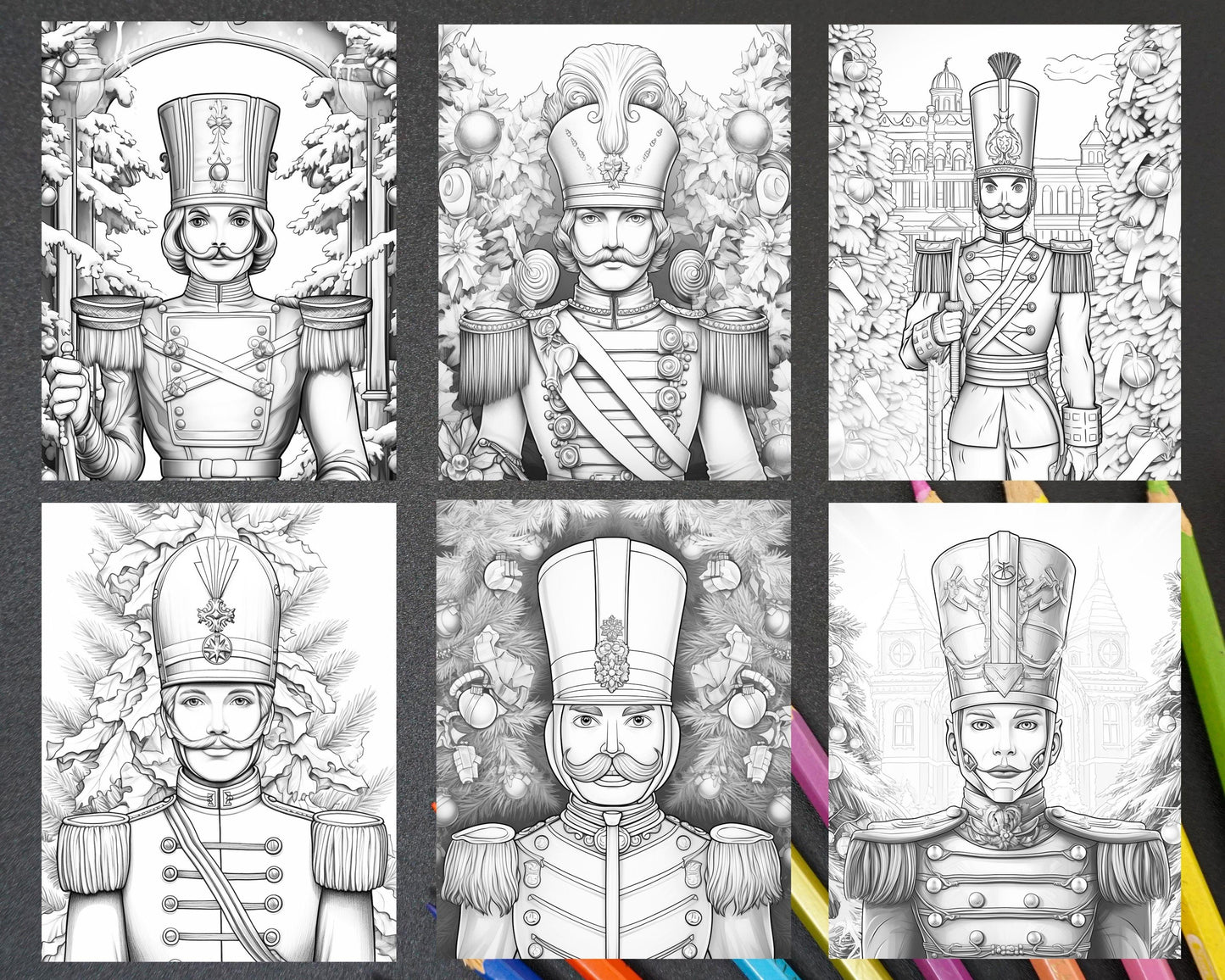 40 Christmas Nutcrackers Grayscale Coloring Pages for Adults, Printable PDF File Instant Download