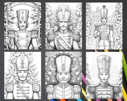 40 Christmas Nutcrackers Grayscale Coloring Pages for Adults, Printable PDF File Instant Download