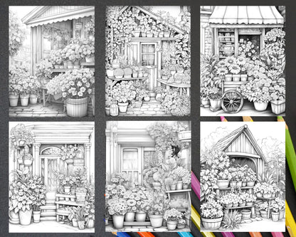 45 Flower Store Front Grayscale Coloring Pages Printable for Adults, PDF File Instant Download