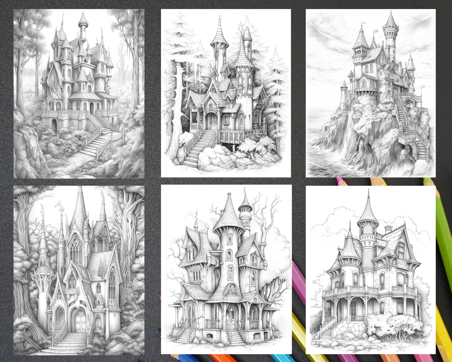 40 Creepy Gothic Houses Grayscale Coloring Pages Printable for Adults, PDF File Instant Download