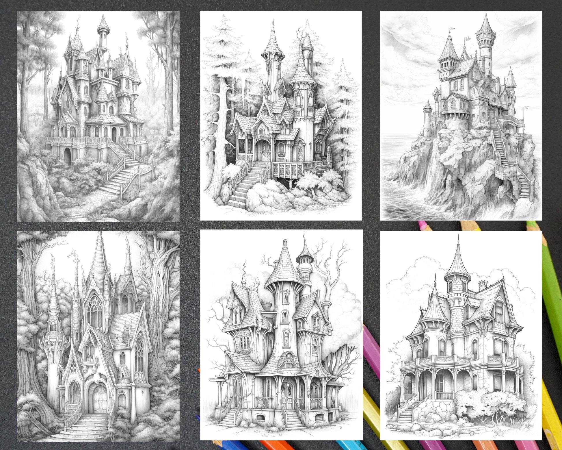 40 Creepy Gothic Houses Grayscale Coloring Pages Printable for Adults, PDF File Instant Download