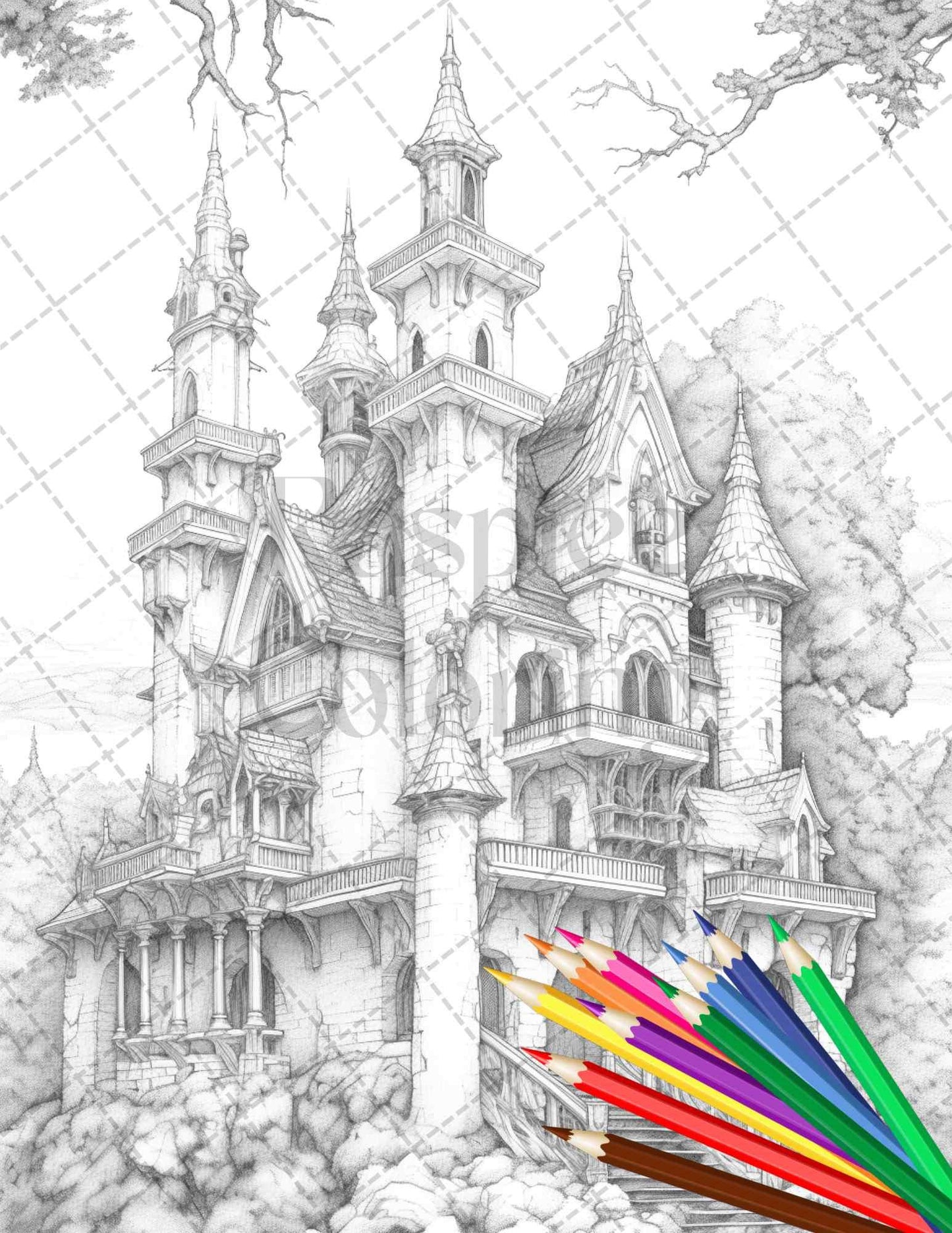 40 Creepy Gothic Houses Grayscale Coloring Pages Printable for Adults, PDF File Instant Download