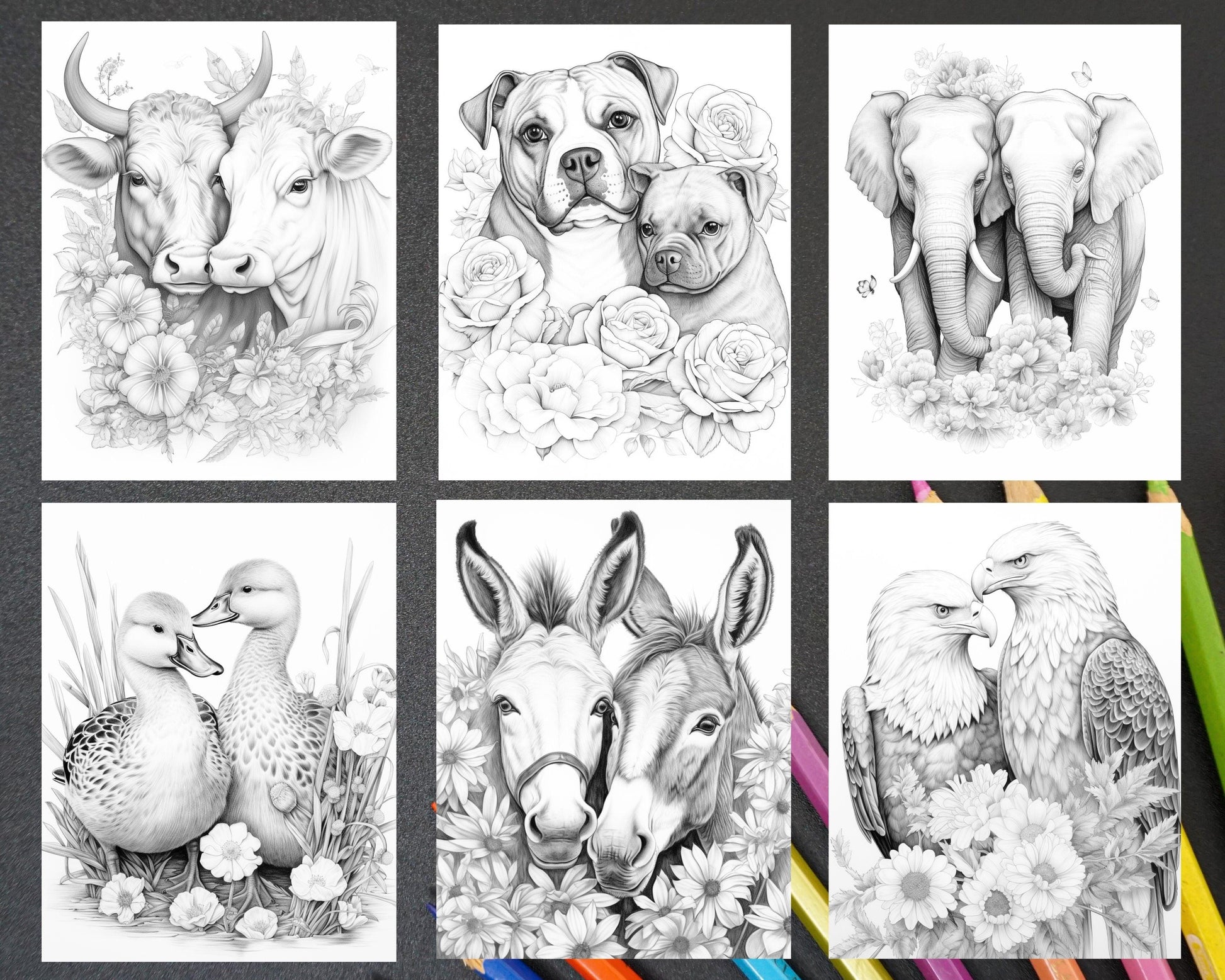 40 Floral Animal Couple Grayscale Coloring Pages for Adults, Printable PDF Instant Download