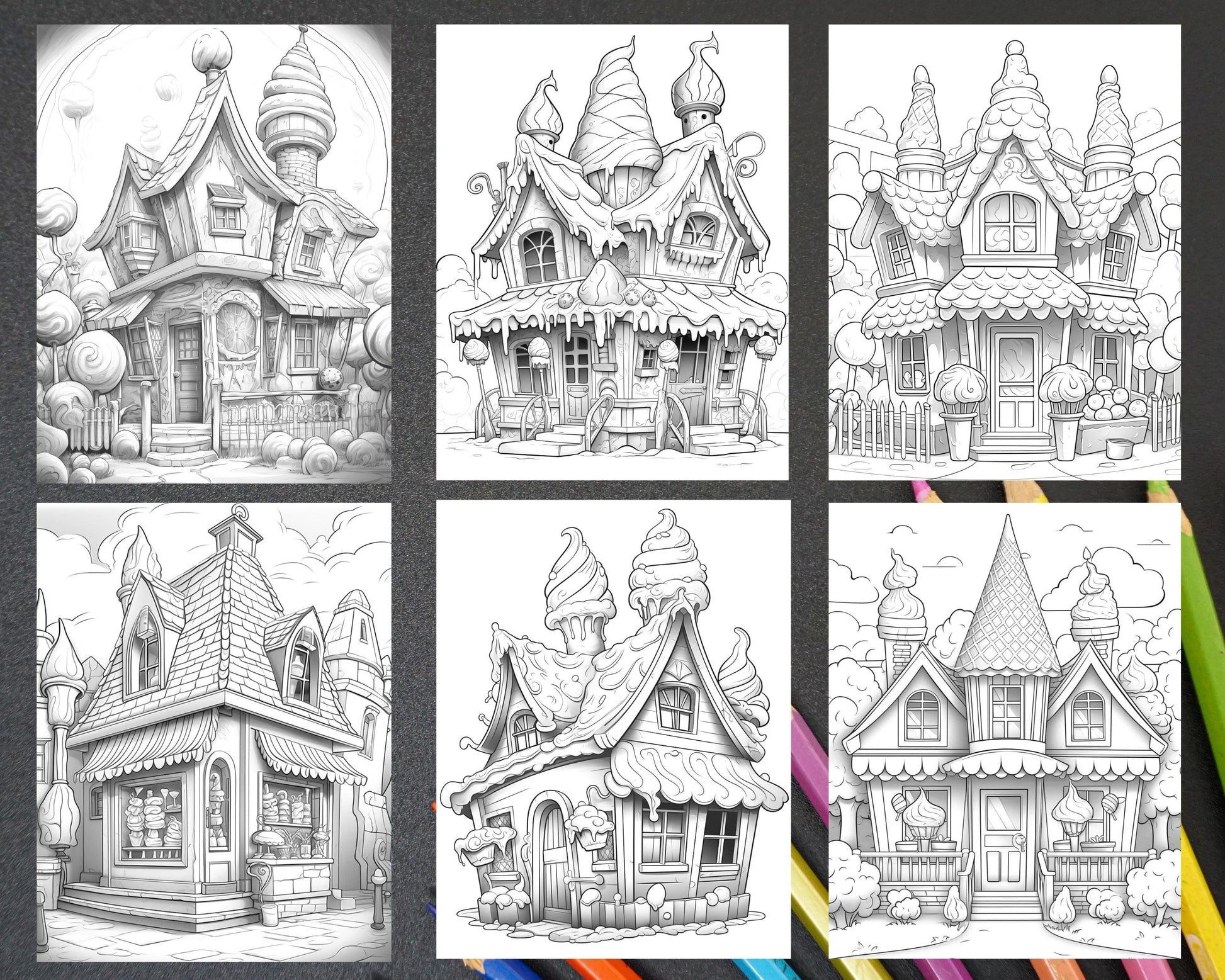 33 Ice Cream Houses Grayscale Coloring Pages Printable for Adults and Kids, PDF File Instant Download