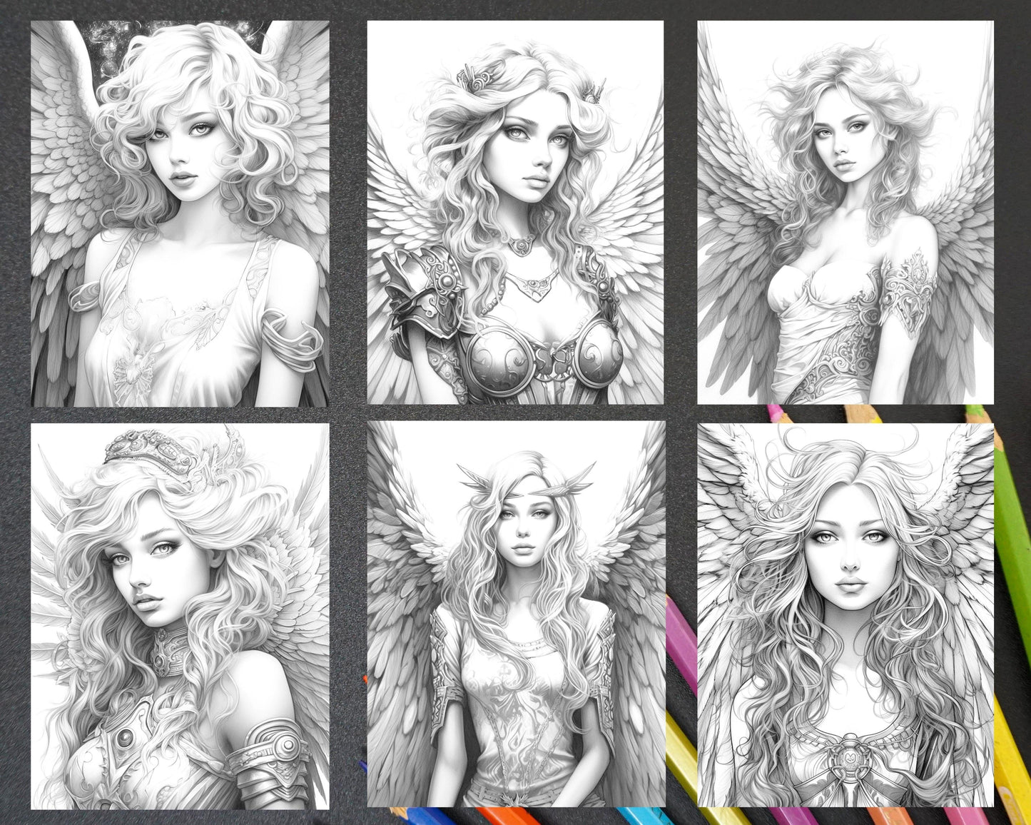 42 Enchanting Angels Grayscale Coloring Pages Printable for Adults, PDF File Instant Download