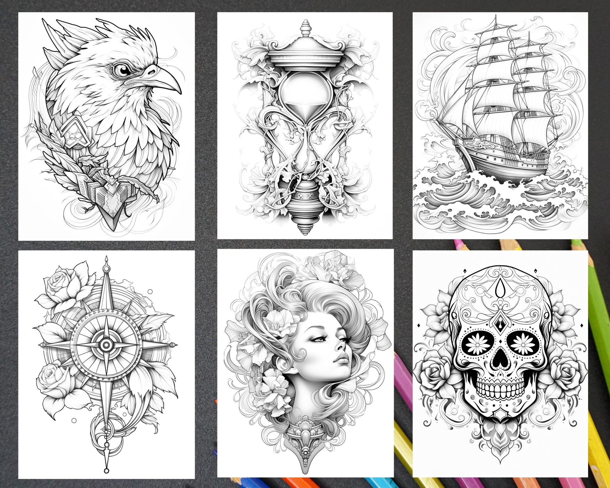 40 Beautiful Tattoos Grayscale Coloring Pages Printable for Adults, PDF File Instant Download