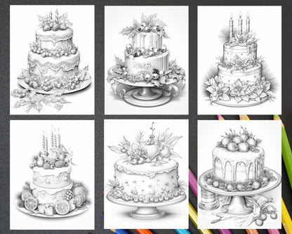 45 Christmas Cakes Grayscale Coloring Pages for Adults, Printable PDF File Instant Download