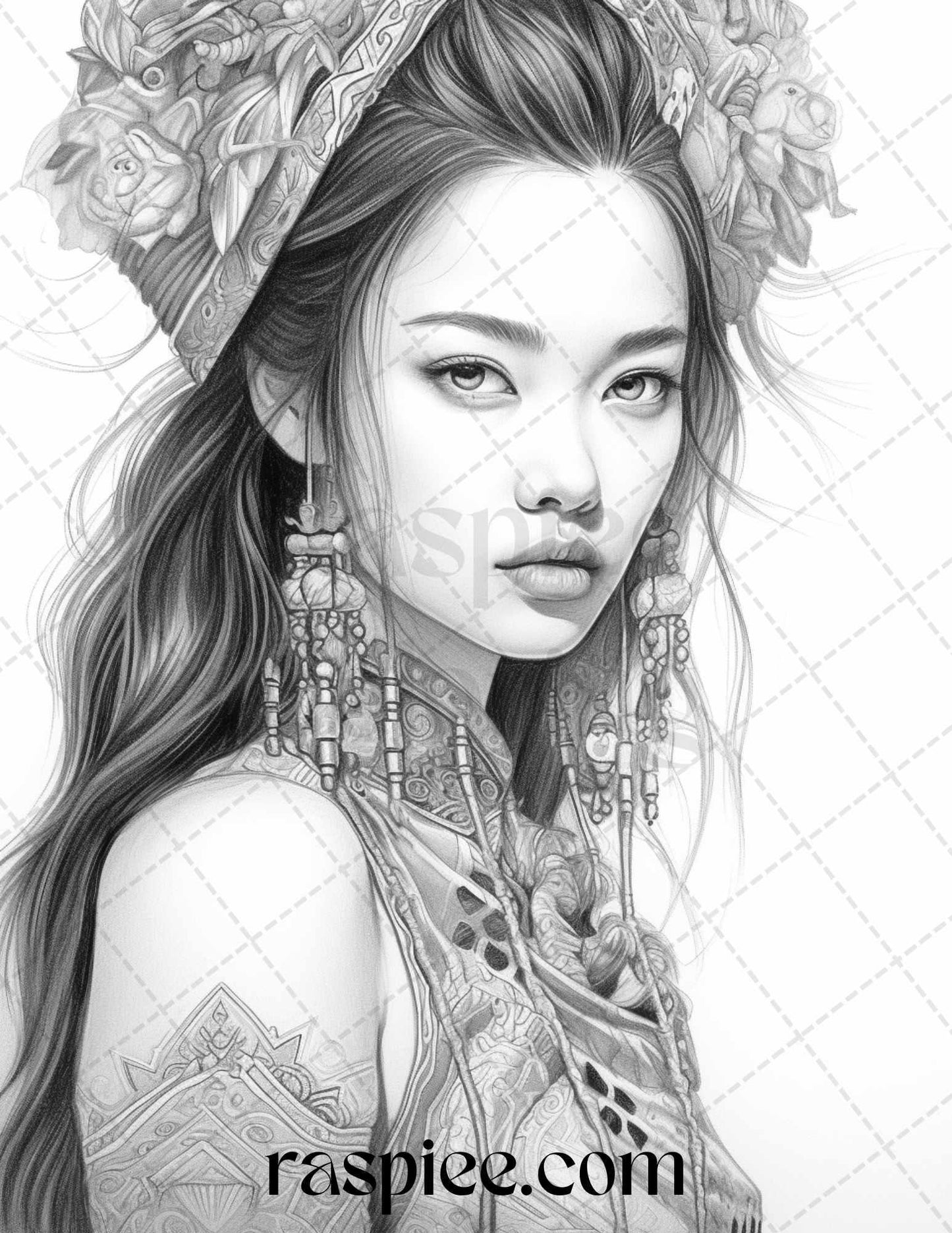 40 Beautiful Chinese Girls Grayscale Coloring Pages for Adults, Printable PDF File Instant Download