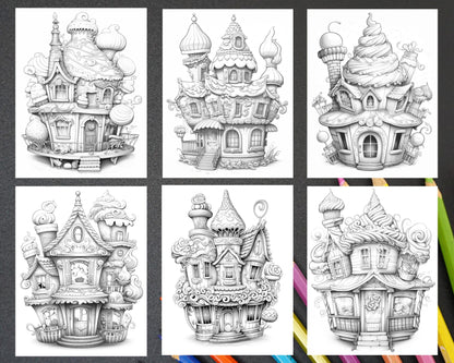 40 Whimsical Cupcake Houses Grayscale Coloring Pages for Adults, Printable PDF Instant Download