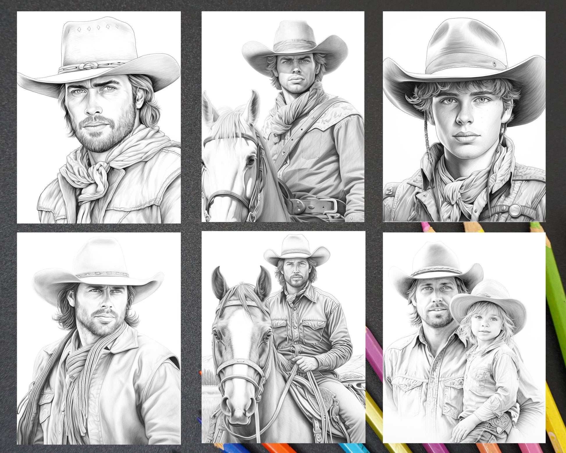 45 Wild West Cowboys Grayscale Coloring Pages Printable for Adults, PDF File Instant Download