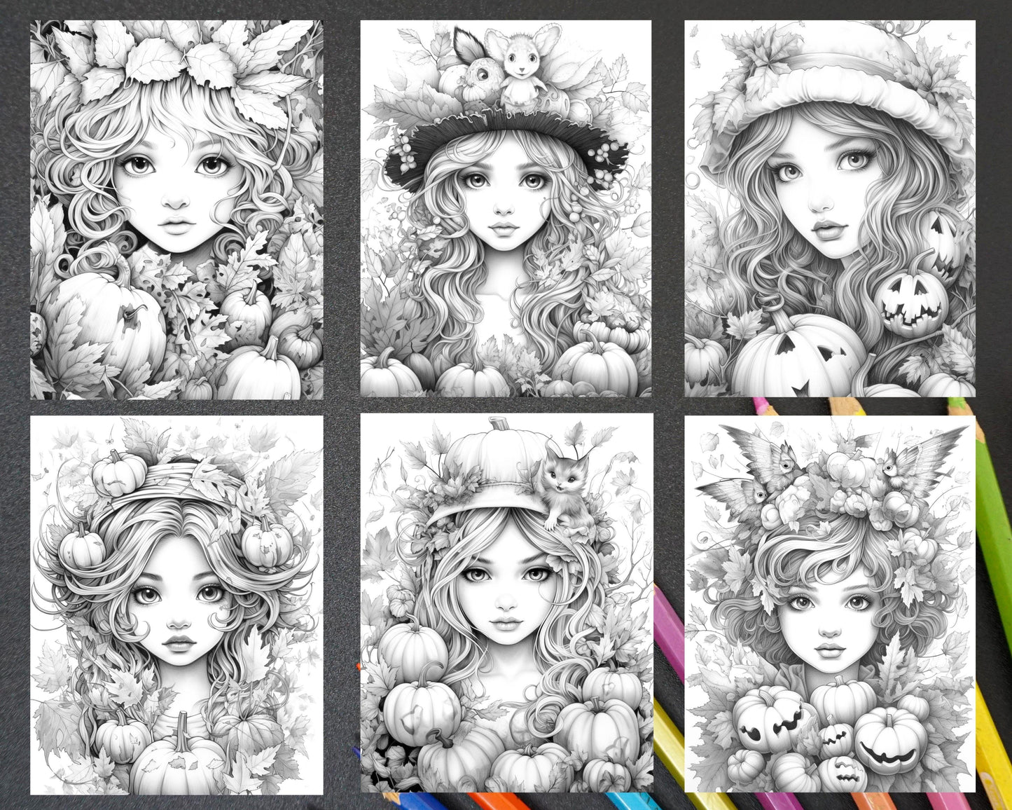 40 Pumpkin Fairy Girls Grayscale Coloring Pages Printable for Adults, PDF File Instant Download