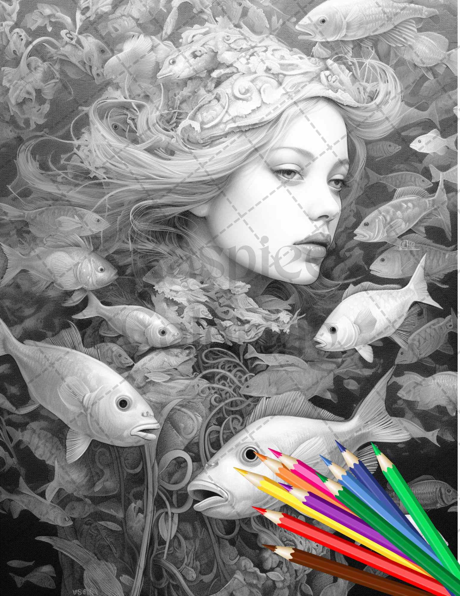 40 Enchanted Mermaid Grayscale Coloring Pages Printable for Adults, PDF File Instant Download