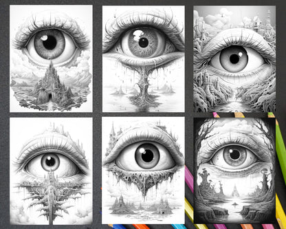 40 Surrealism Eyes Grayscale Coloring Pages Printable for Adults, PDF File Instant Download