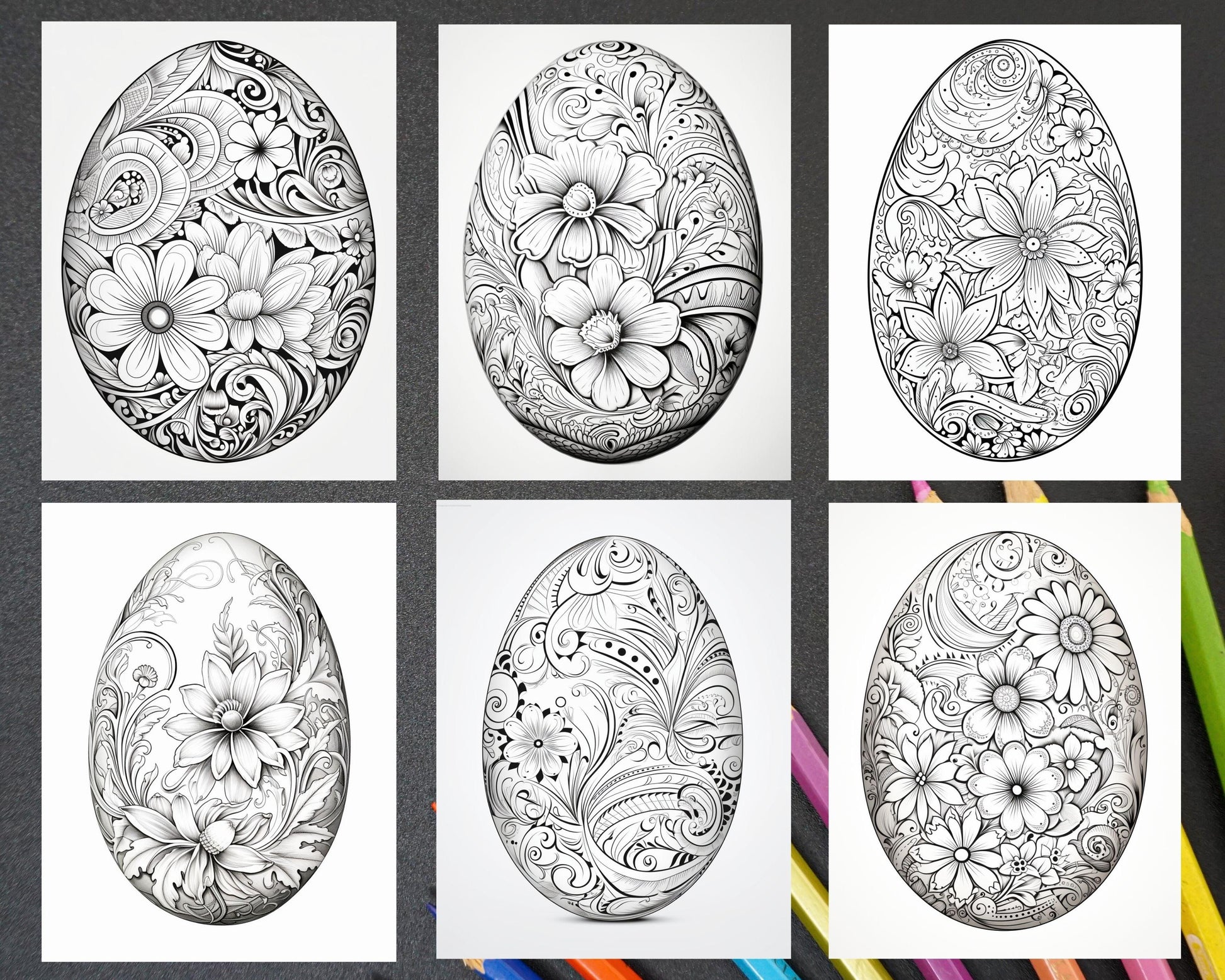 45 Easter Egg Grayscale Adult Coloring Pages, Printable PDF Instant Download