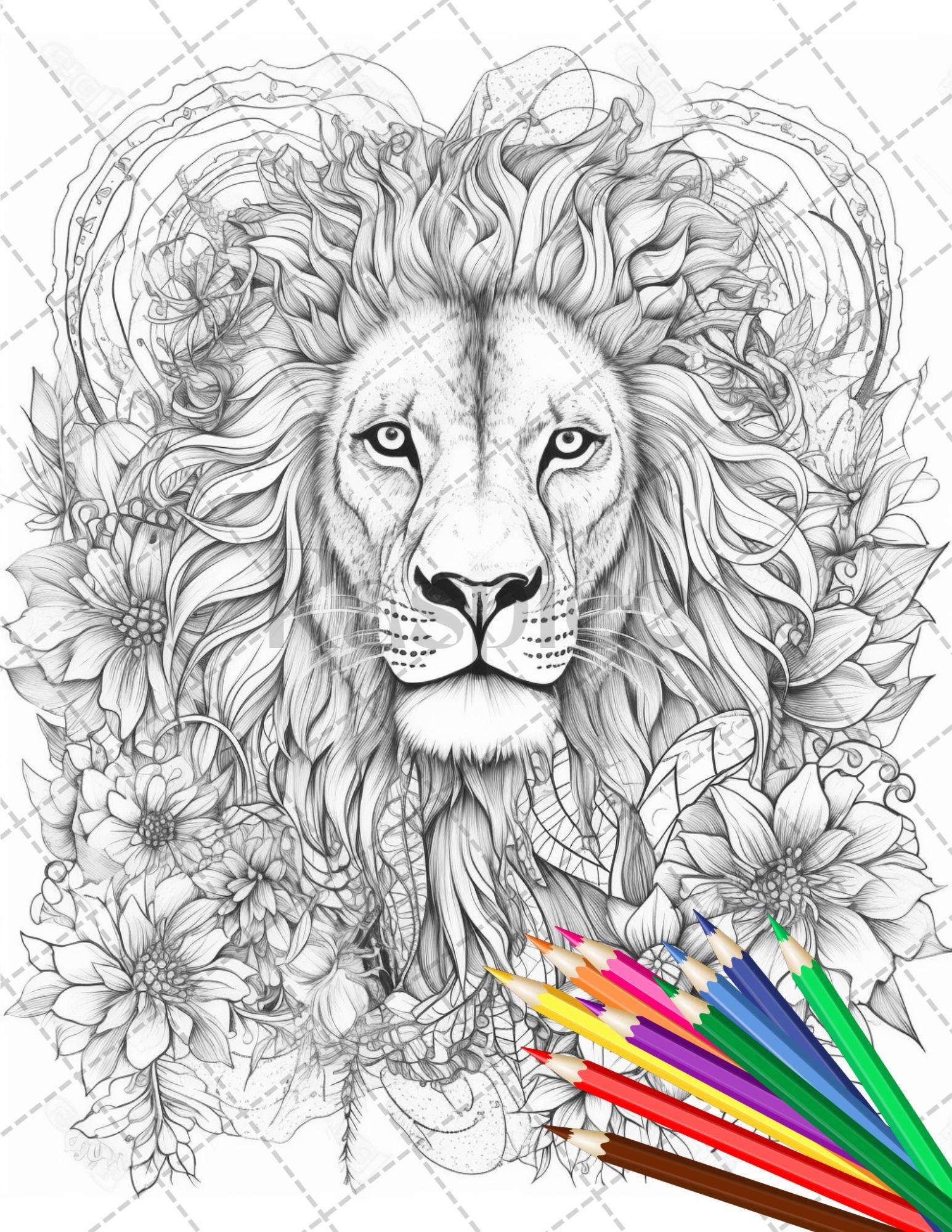 30 Animal Floral Printable Coloring Pages for Adults, Grayscale Coloring Book, Printable PDF File Download