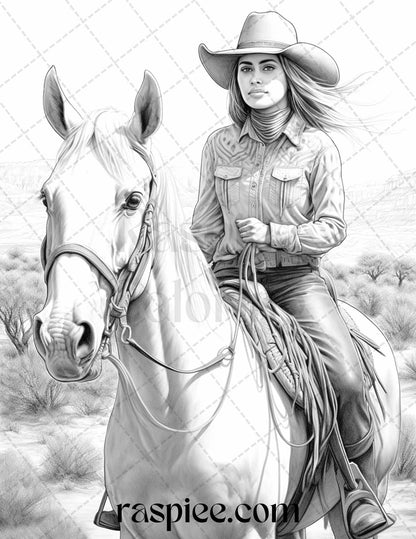 40 Beautiful Cowgirls Grayscale Coloring Pages Printable for Adults, PDF File Instant Download