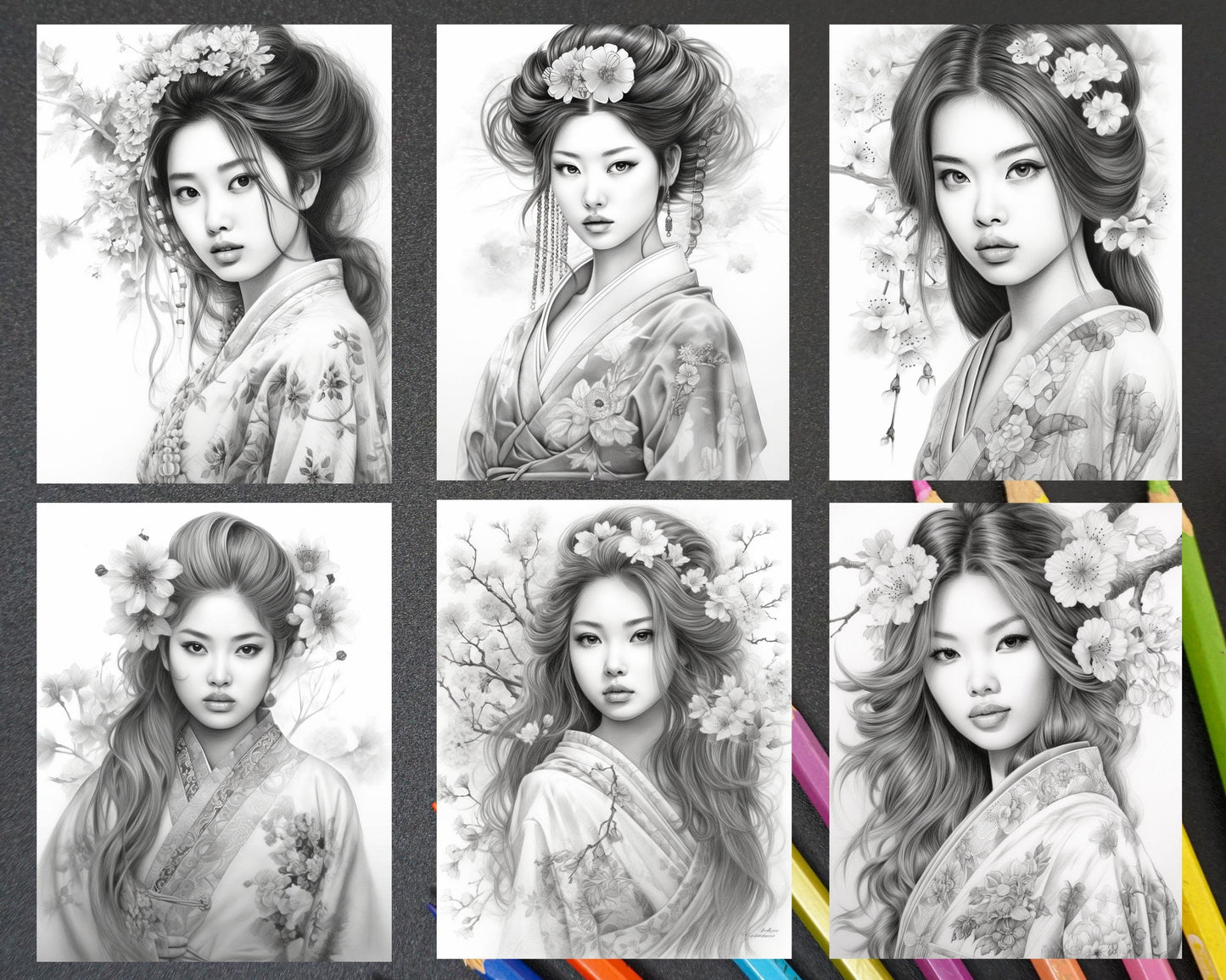 40 Beautiful Japanese Girls Grayscale Coloring Pages Printable for Adults, PDF File Instant Download