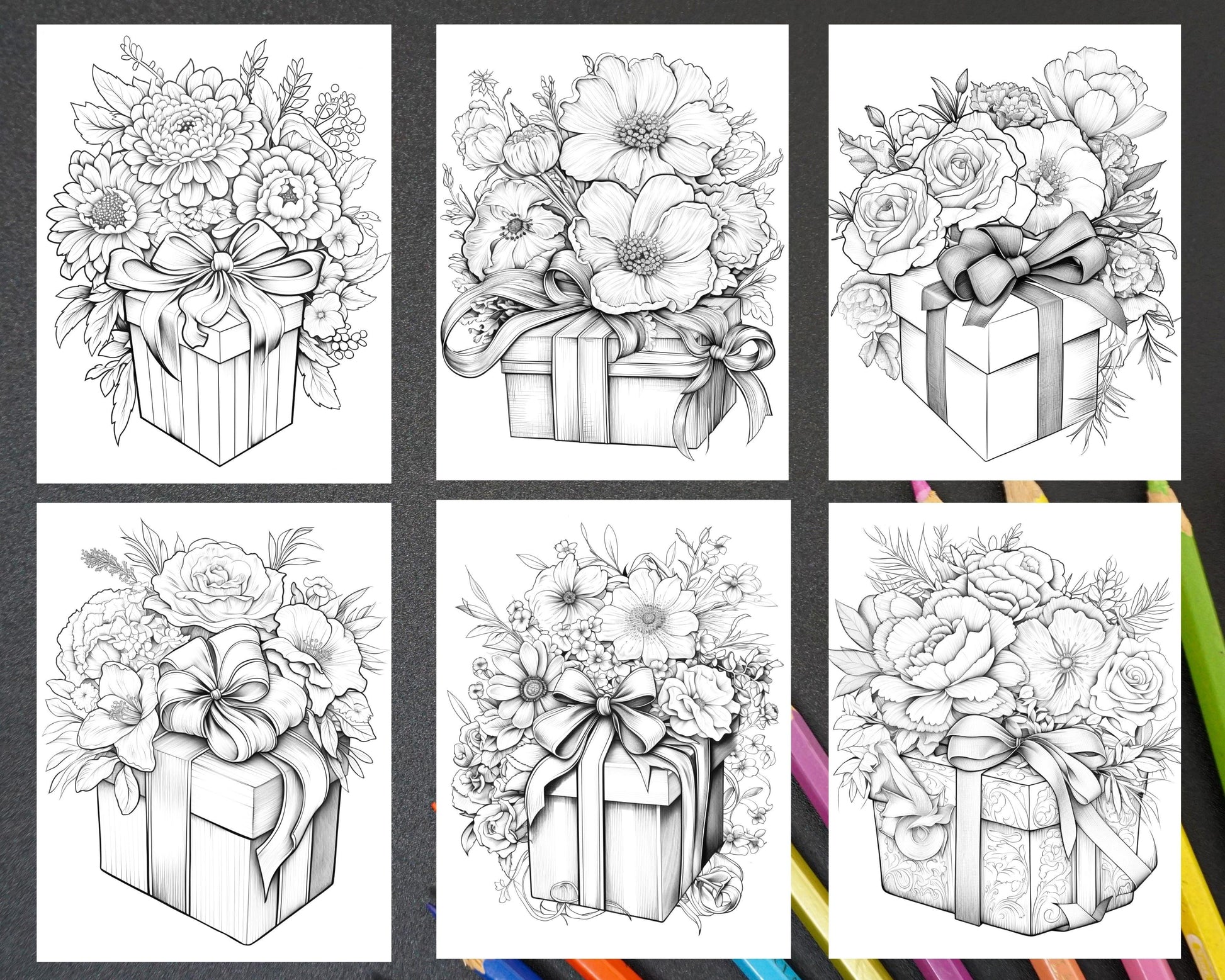 40 Flower Gift Box Grayscale Coloring Pages Printable for Adults Kids, PDF File Instant Download