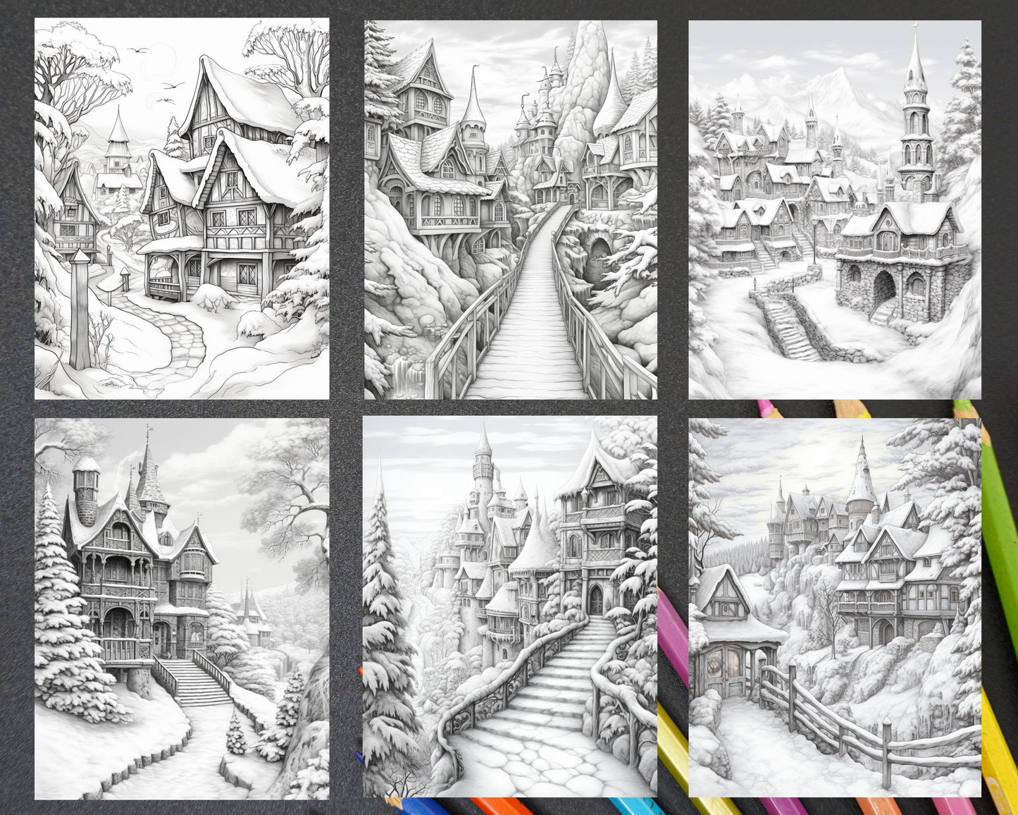 40 Fantasy Winter Village Grayscale Coloring Pages for Adults, PDF File Instant Download